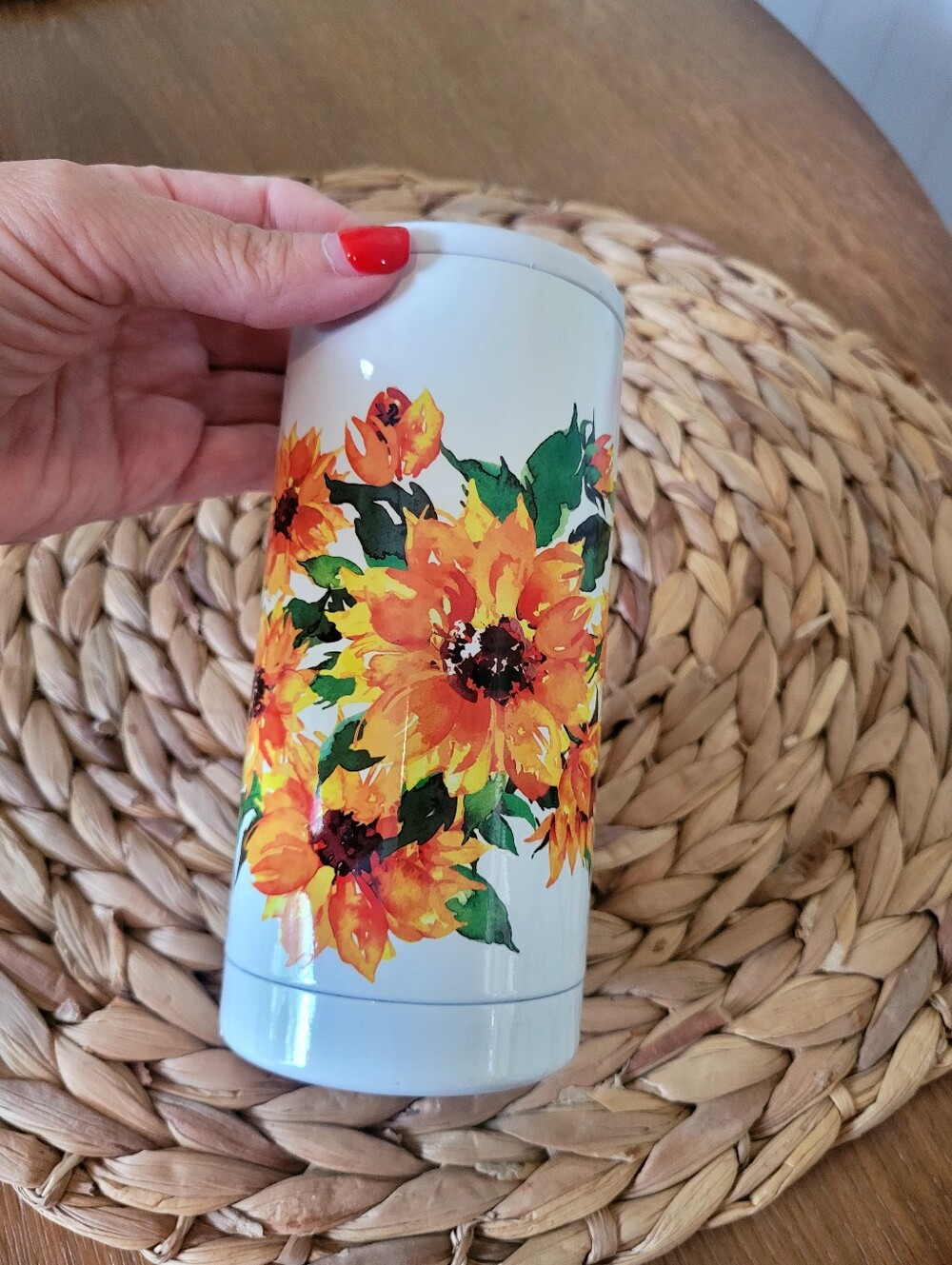 Brumate White Stainless Travel Tumbler with Orange Sunflower Design